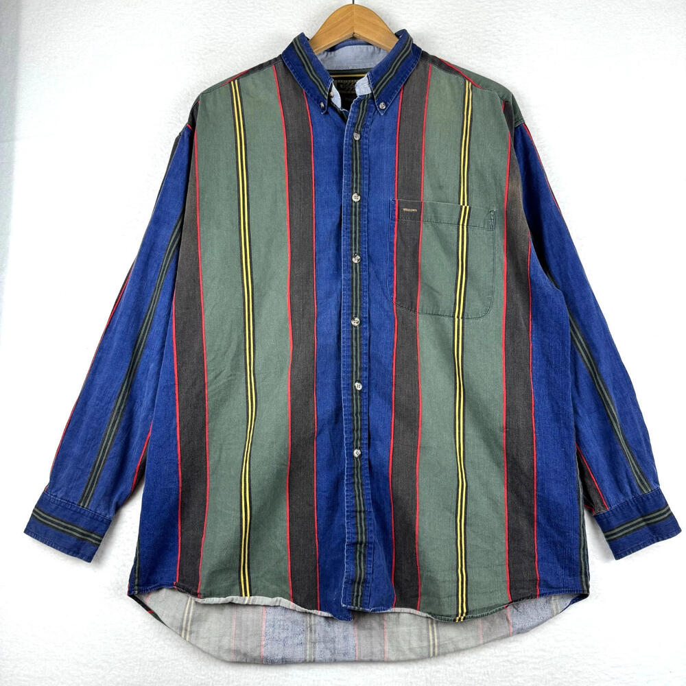 VTG 90s Hunting Horn Mens Large Retro Color Block Stripe Long Sleeve Button Down